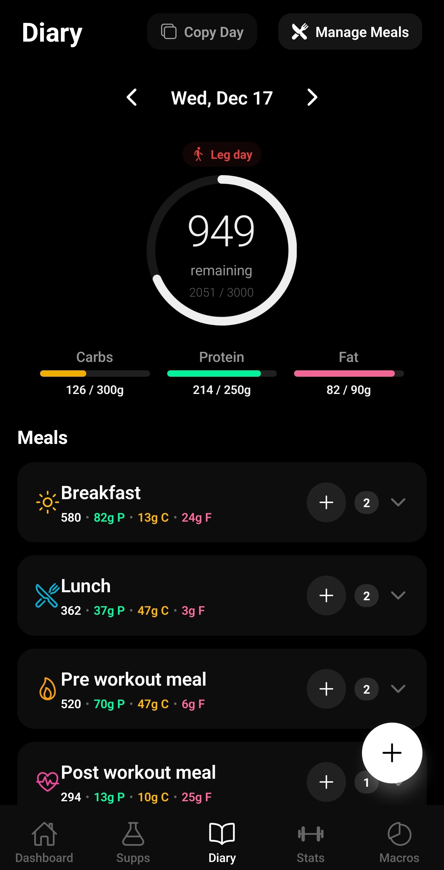ReComp Log Food Diary Screen Dark Mode