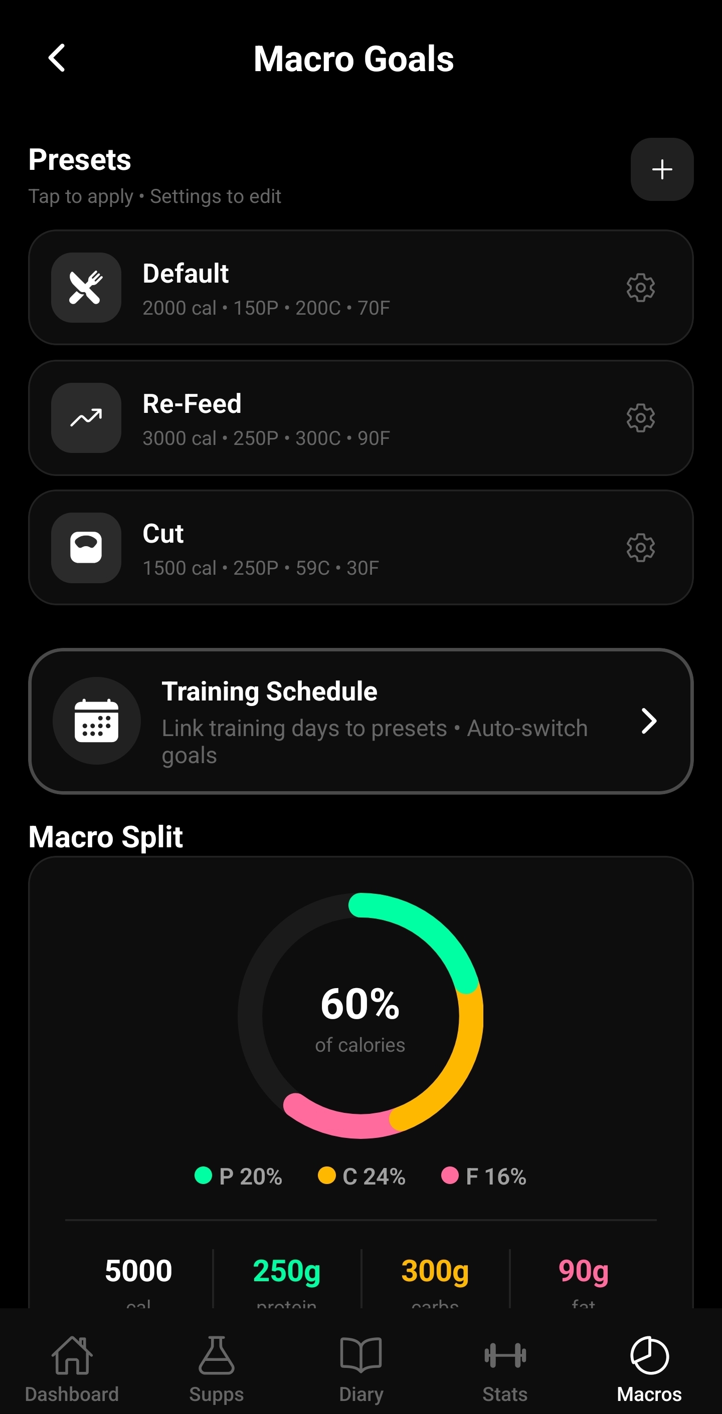 ReComp Log Macro Tracker Screen Dark Mode