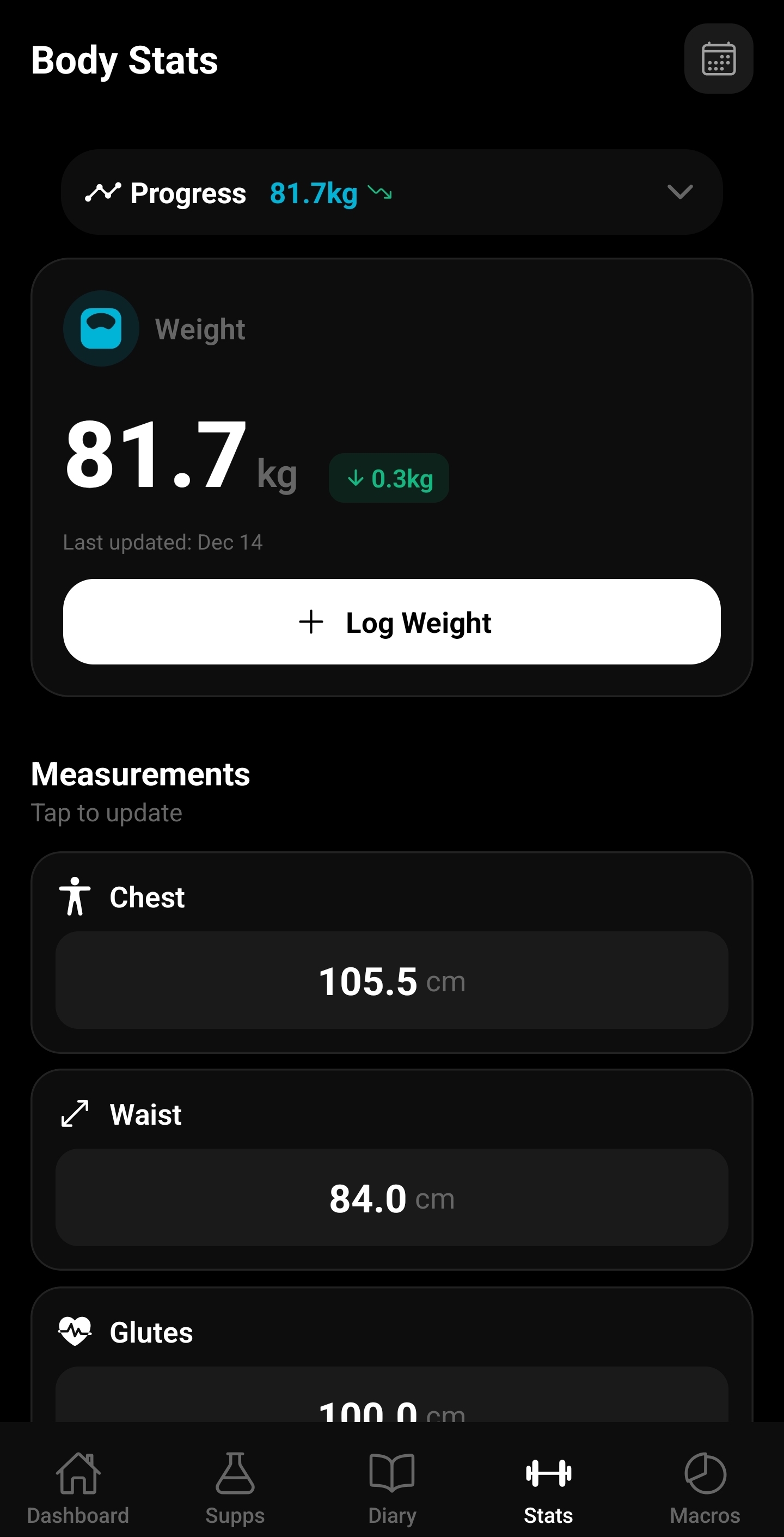 ReComp Log Body Stats Screen Dark Mode