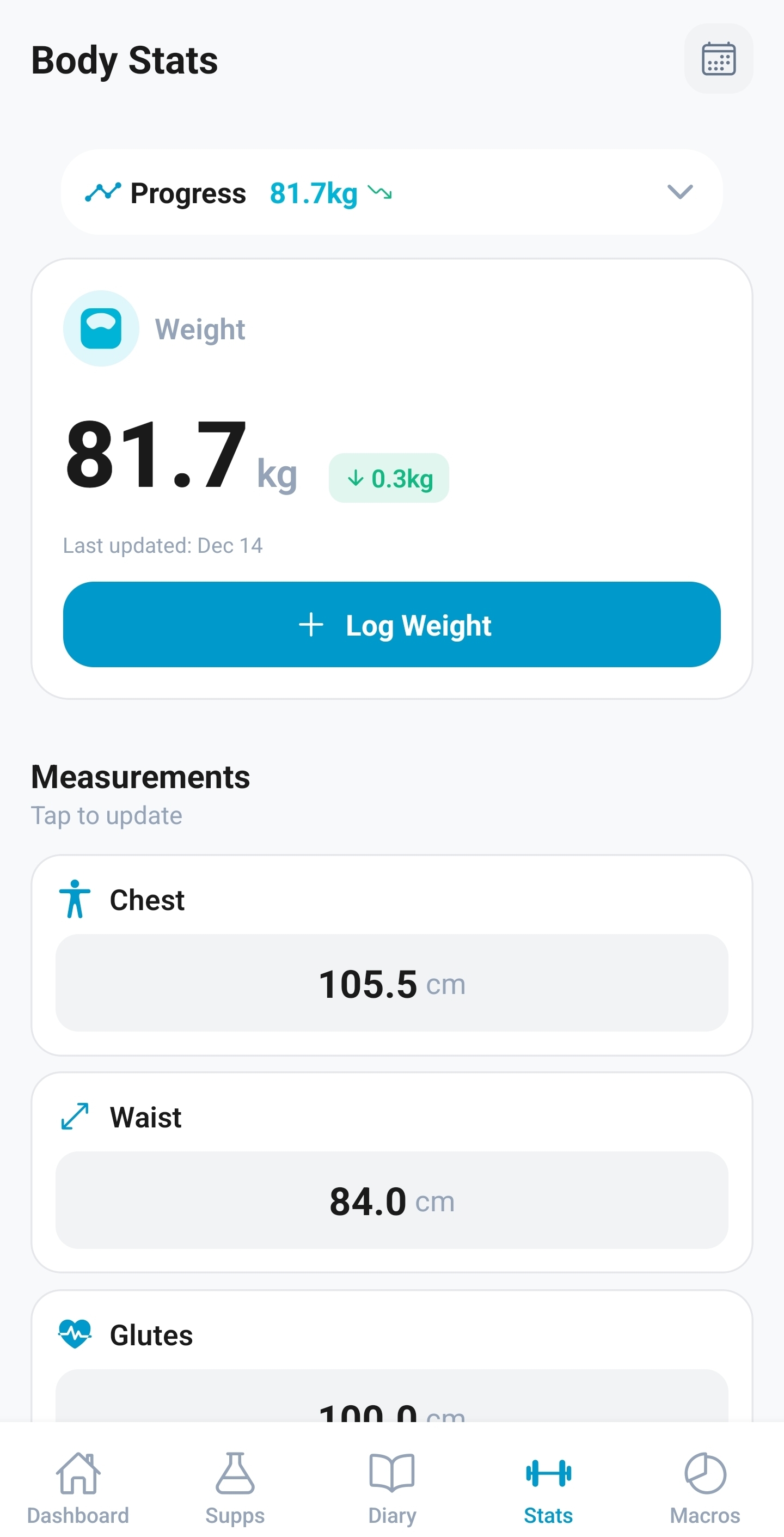 ReComp Log Body Stats Screen Light Mode